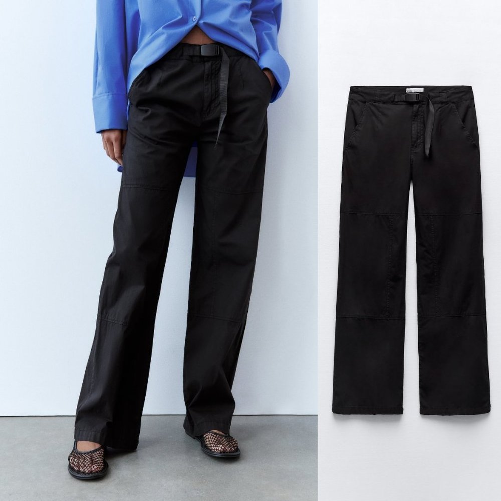 ZARA Women's Size 4 Black Belted Technical Pants Straight Leg Casual Full Length